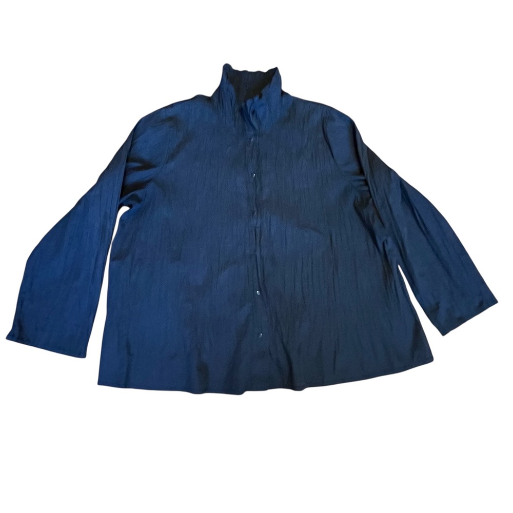Babette Black Crinkle Textured Funnel Neck Button Down Shirt Long Sleeve Blouse